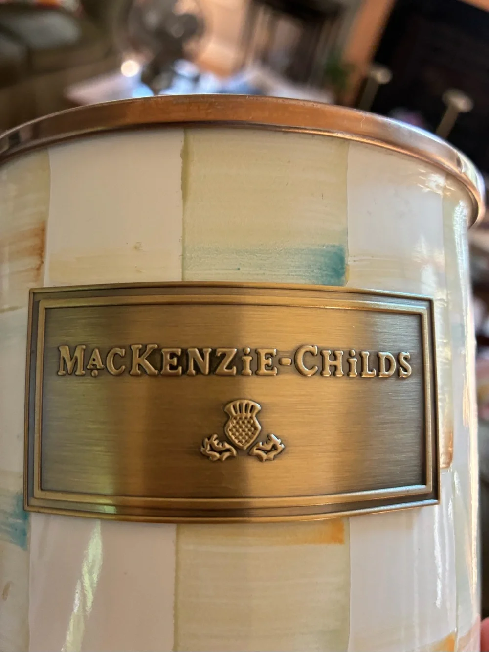 Original Mackenzie-Childs Parchment Check Canister Set with Amber Knobs 3 Piece